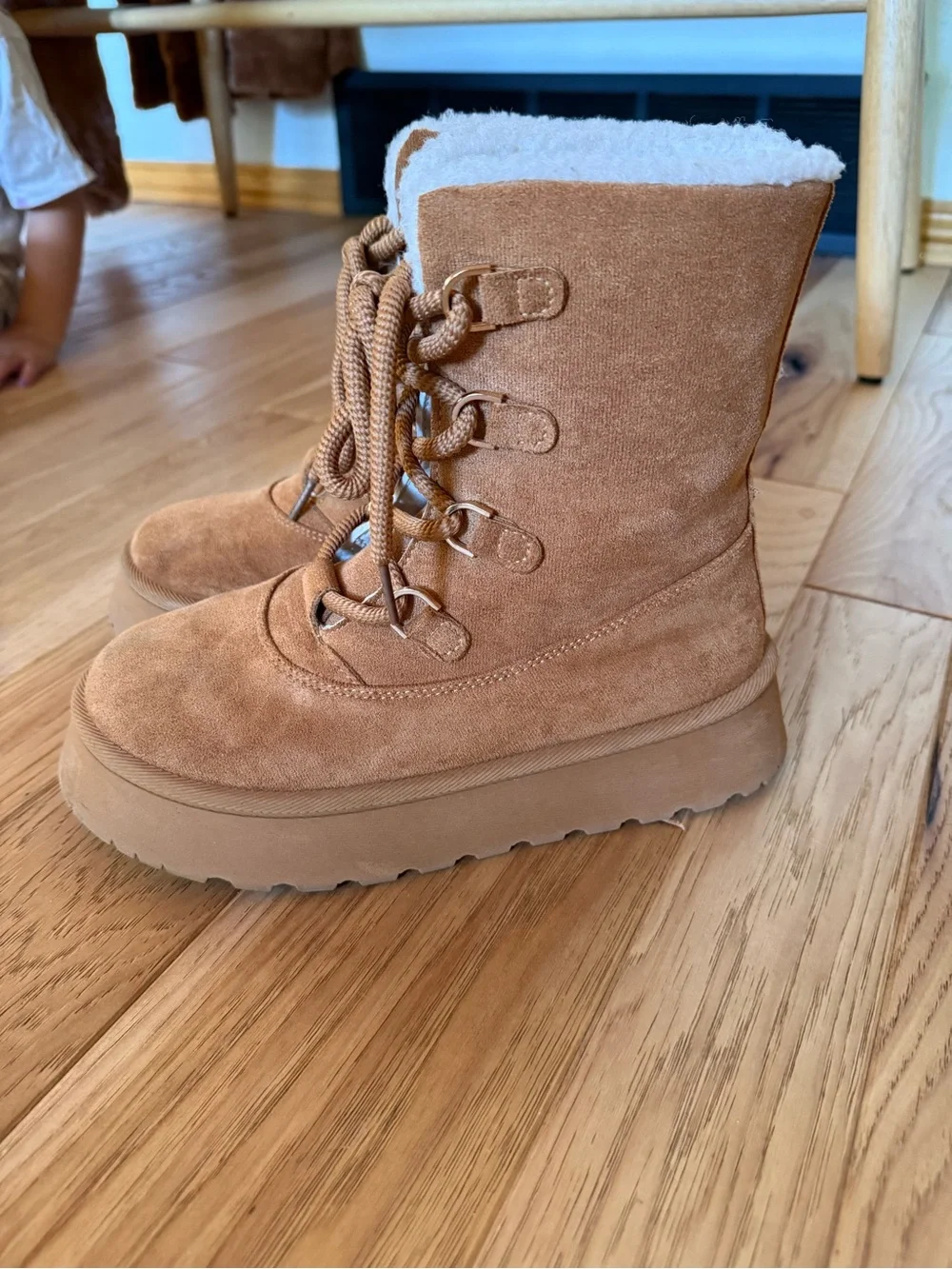 Tan Suede Platform Lace-Up Boots with Faux Shearling